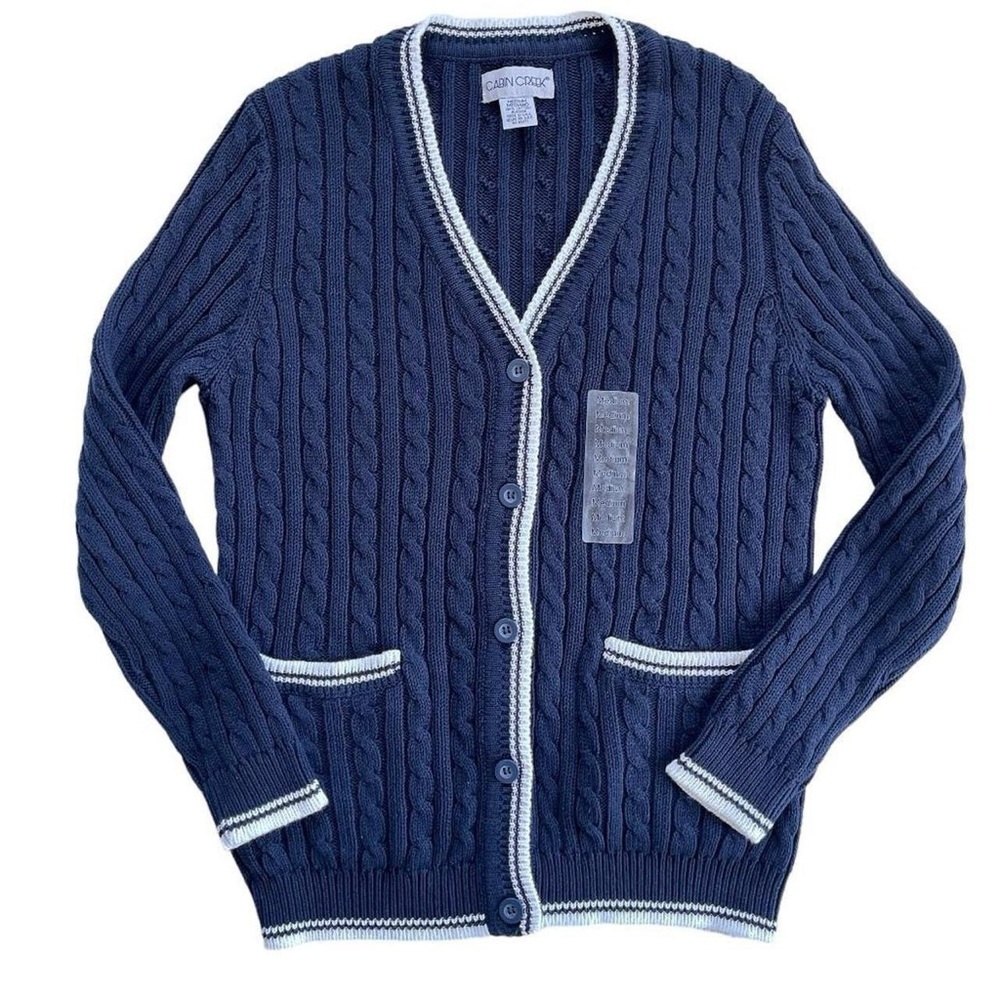 Cabin Creek Navy Blue & White Cotton Knit Ribbed V-Neck Cardigan M - Picture 1 of 6